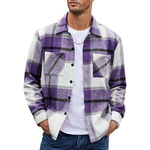 Men's Purple Flannel Shirts Casual Button Down Plaid Shirt with Pockets